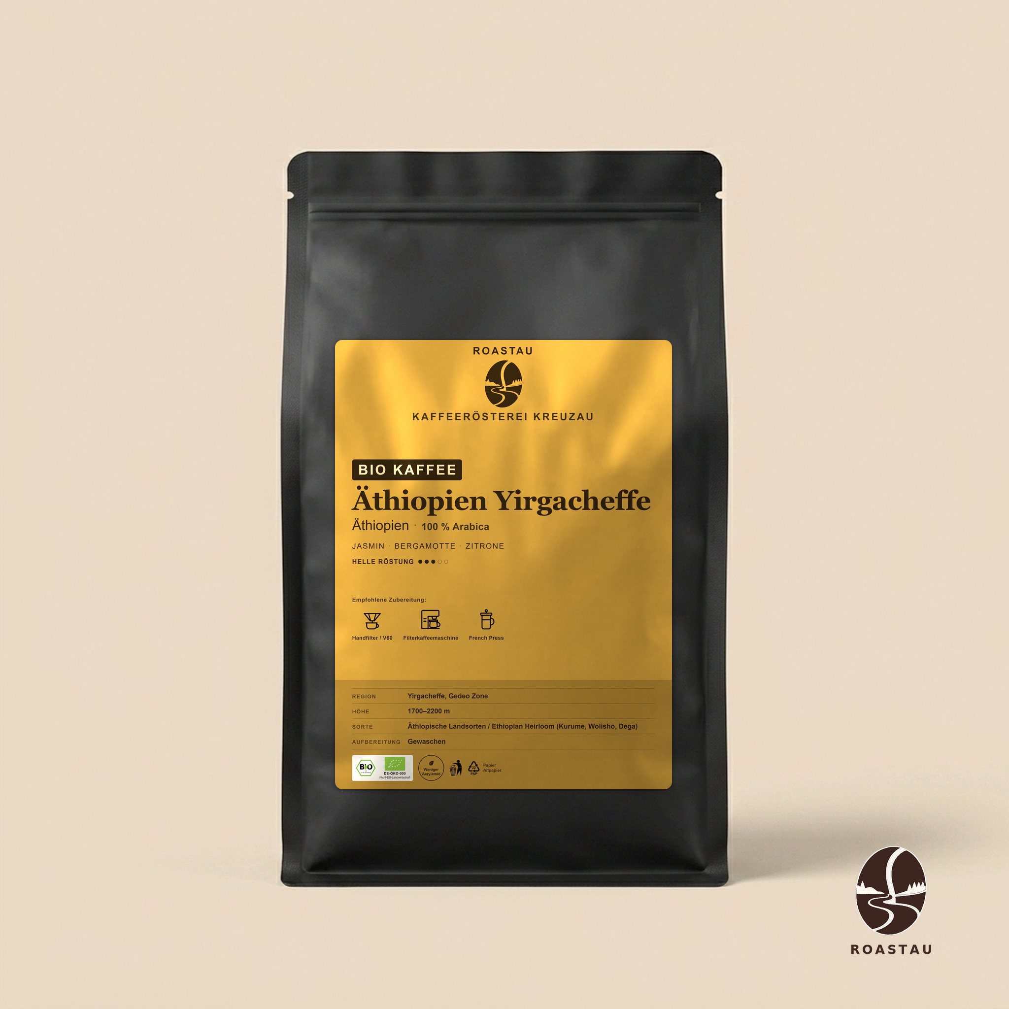 Ethiopië Yirgacheffe — Biologische Arabica – jasmijn, bergamot, citroen, zwarte thee, perzik | Roastau