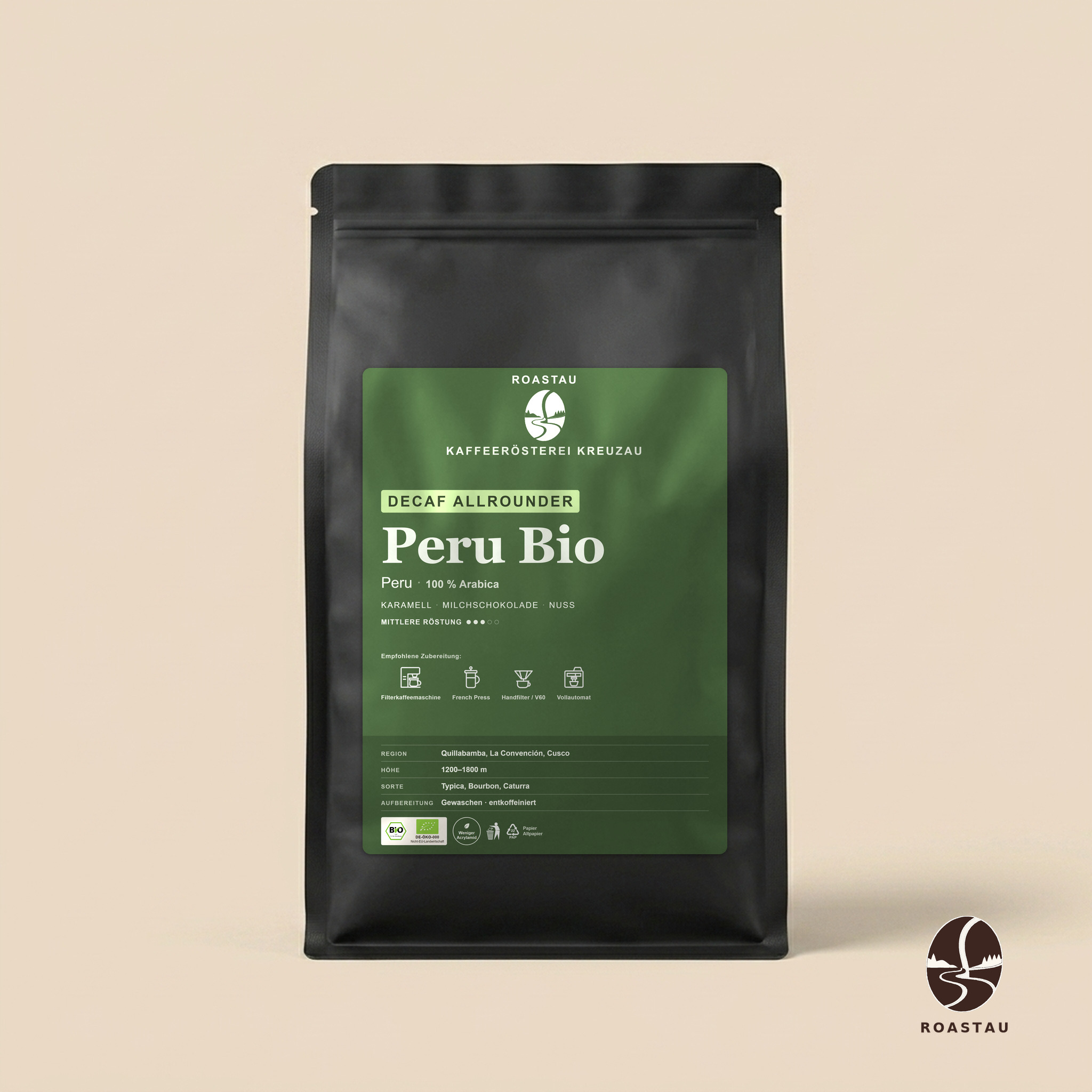Peru Bio — Cafeïnevrij – karamel, melkchocolade, noten, milde citrustonen | Roastau