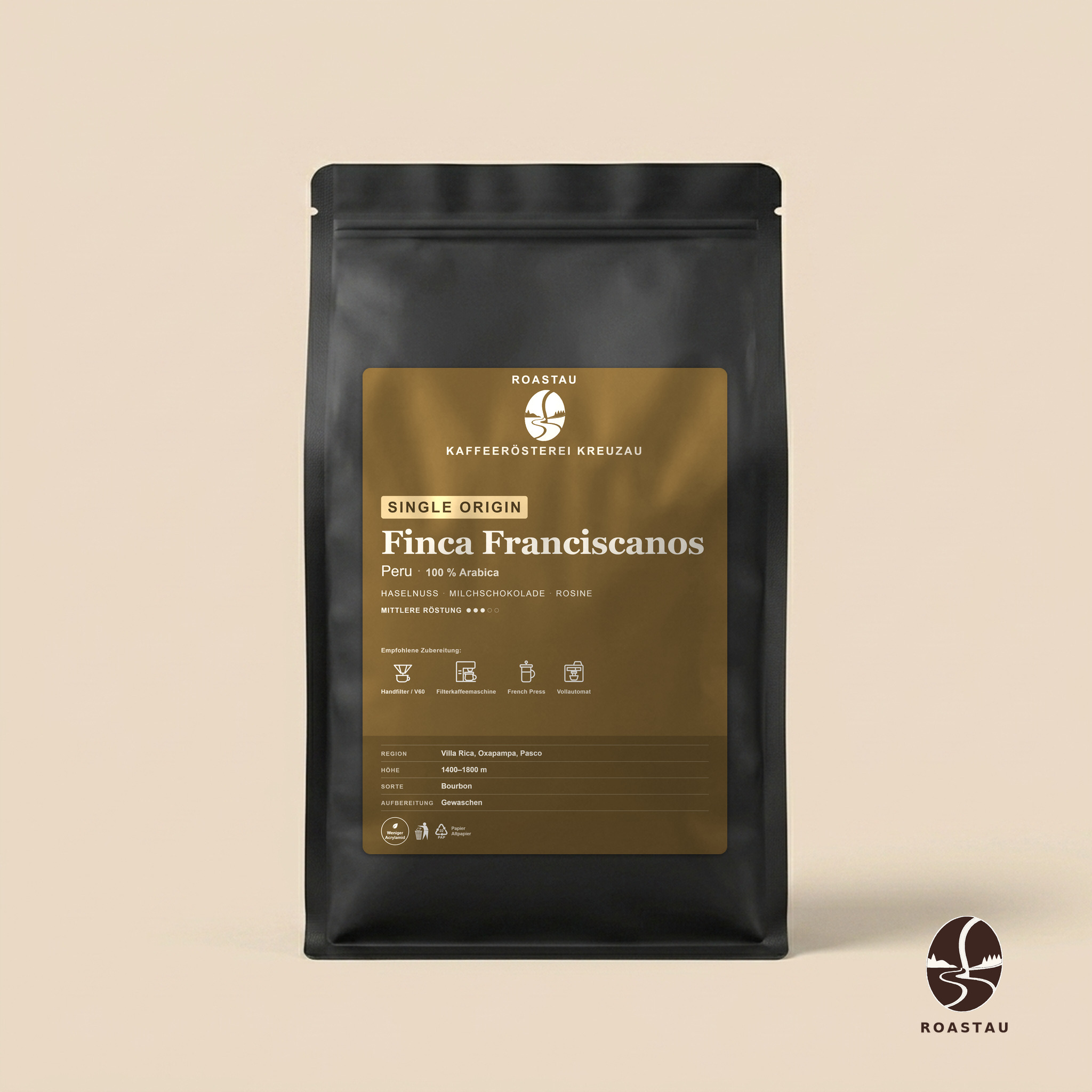 Finca Franciscanos — Villa Rica, Oxapampa · Peru – hazelnoot, melkchocolade, rozijnen, citrus, bloemig | Roastau