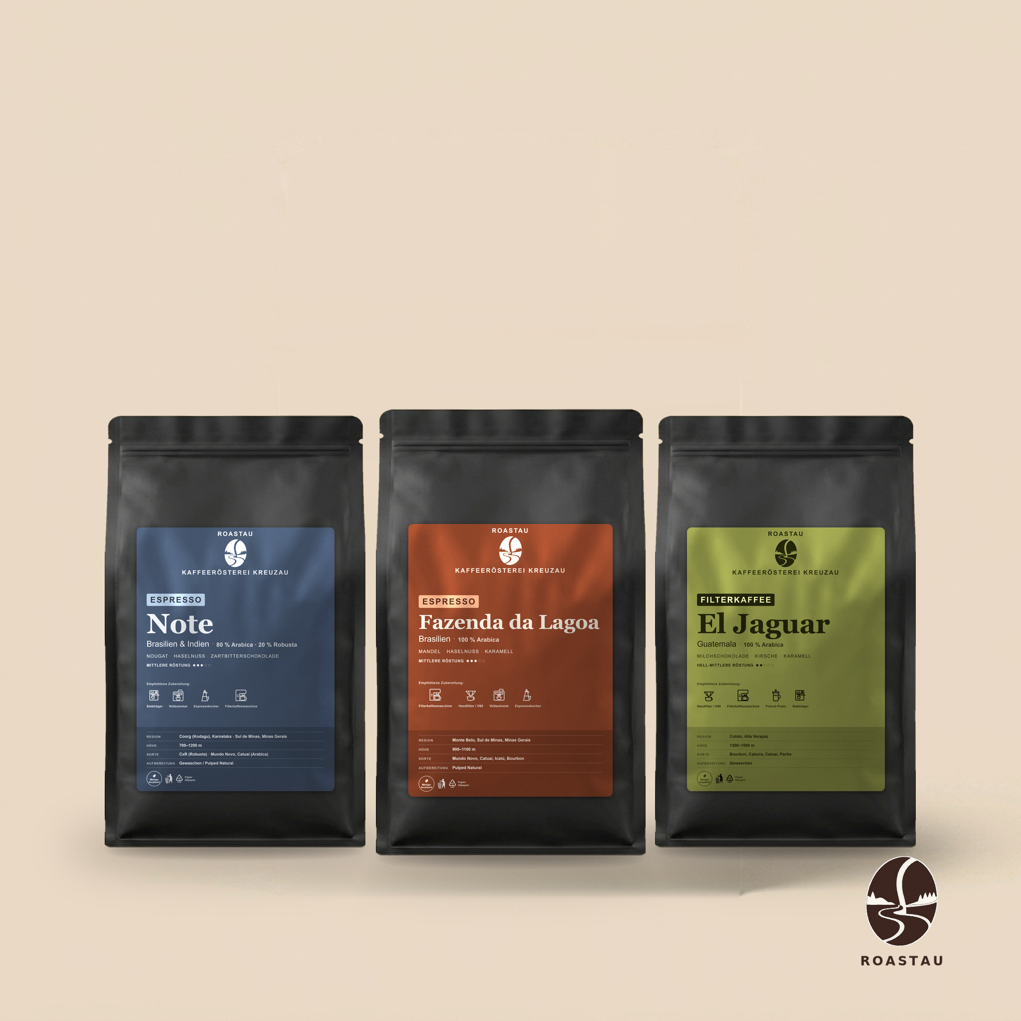 Espresso-proefpakket — 3 x 250 g – nougat, hazelnoot, cacao, chocolade | Roastau
