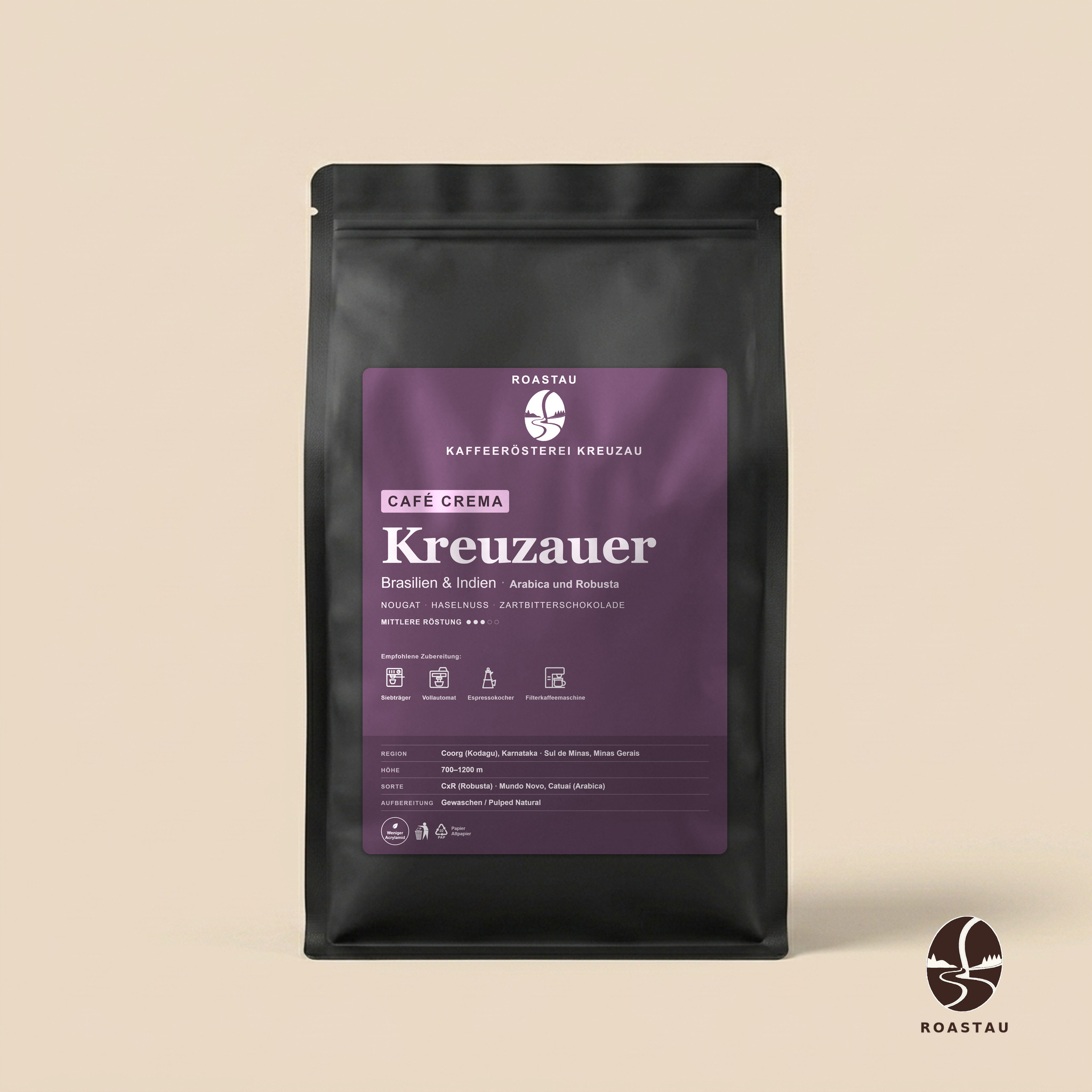 Kreuzauer — Espresso-melange Brazilië & India – nougat, hazelnoot, pure chocolade, cacao | Roastau