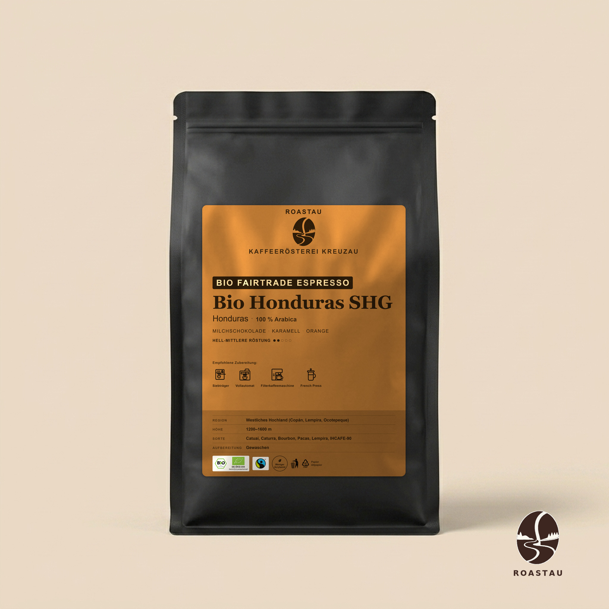 Bio Honduras SHG — Espresso Fairtrade · Caffeïnevrij – melkchocolade, karamel, sinaasappel, amandel | Roastau