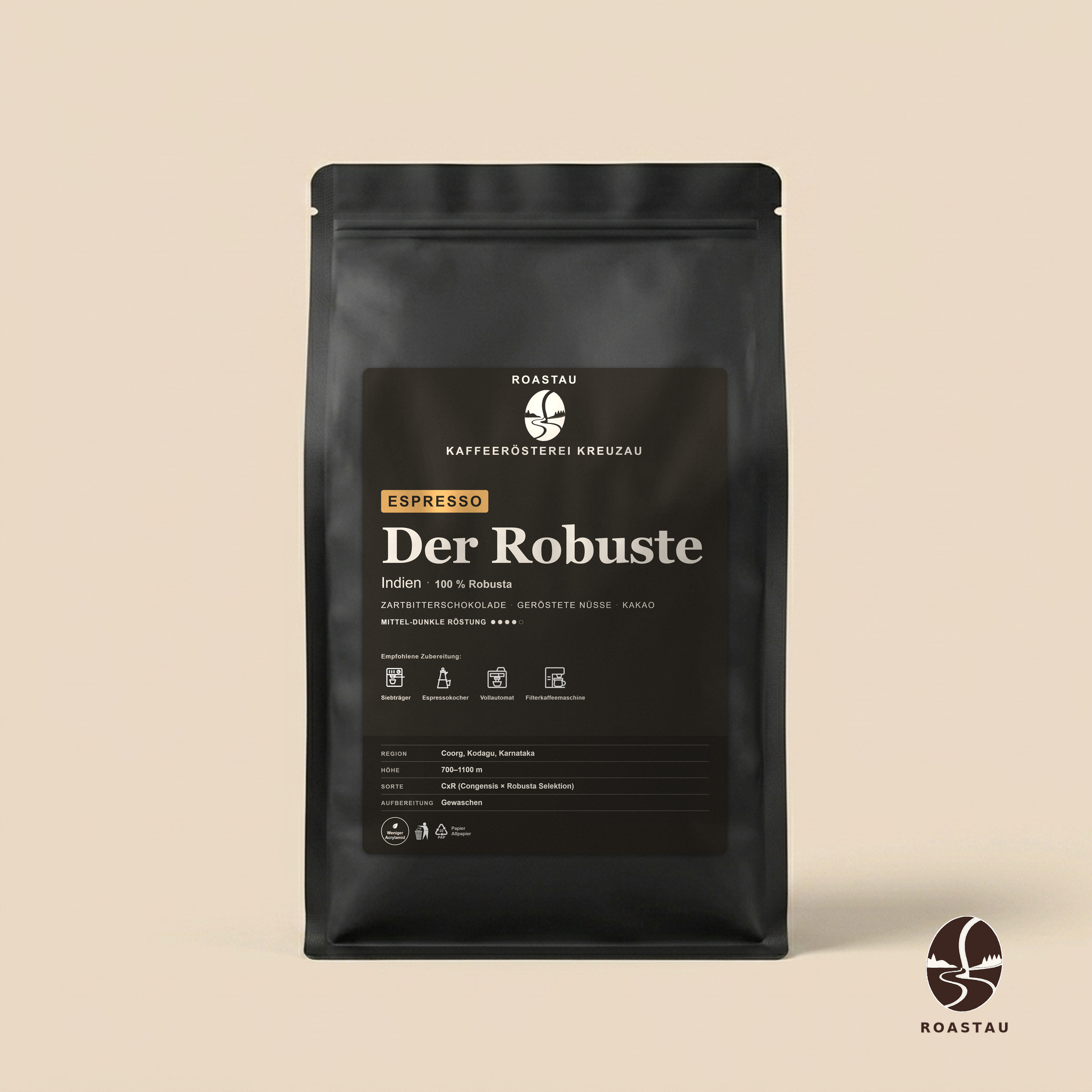 De Robuste — India Robusta Espresso – pure chocolade, geroosterde noten, cacao, kruidige accenten | Roastau